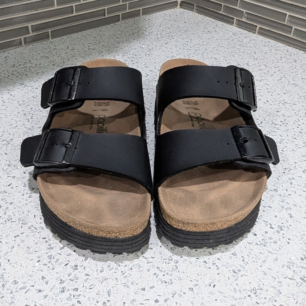 Papillio Birkenstock Platform Arizona Black Vegan Two Strap Sandal Size 39 8 8.5 - Picture 4 of 10